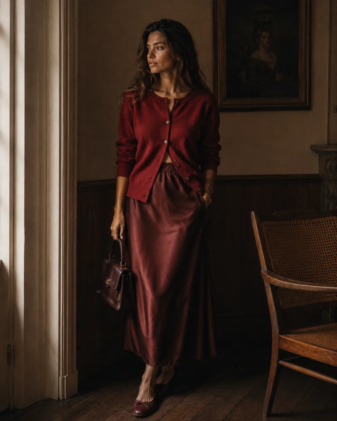 Cherry Girl outfit with red cardigan and satin skirt