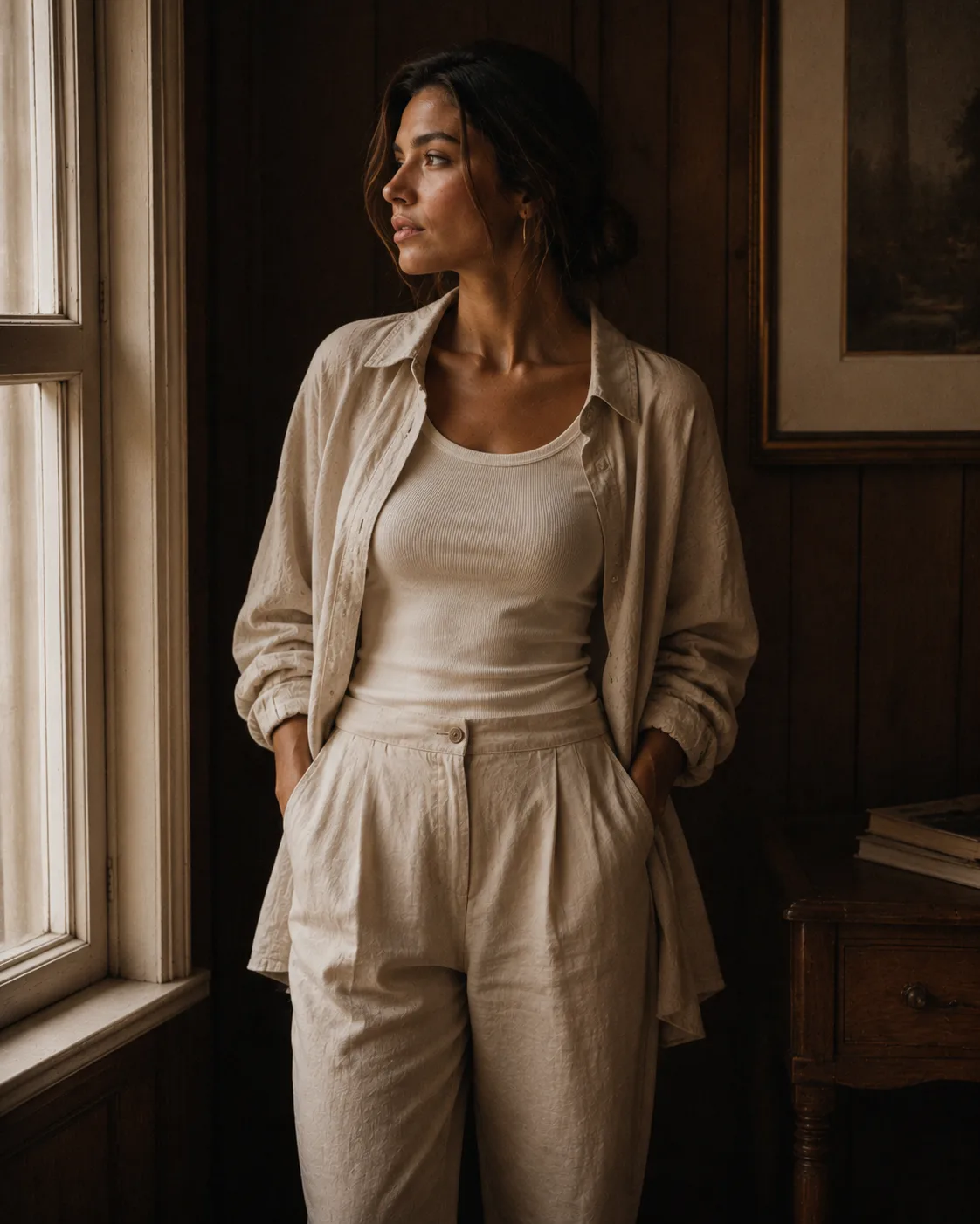 Clean Girl Chic outfit, a TikTok fashion aesthetic with neutral linen basics and low bun