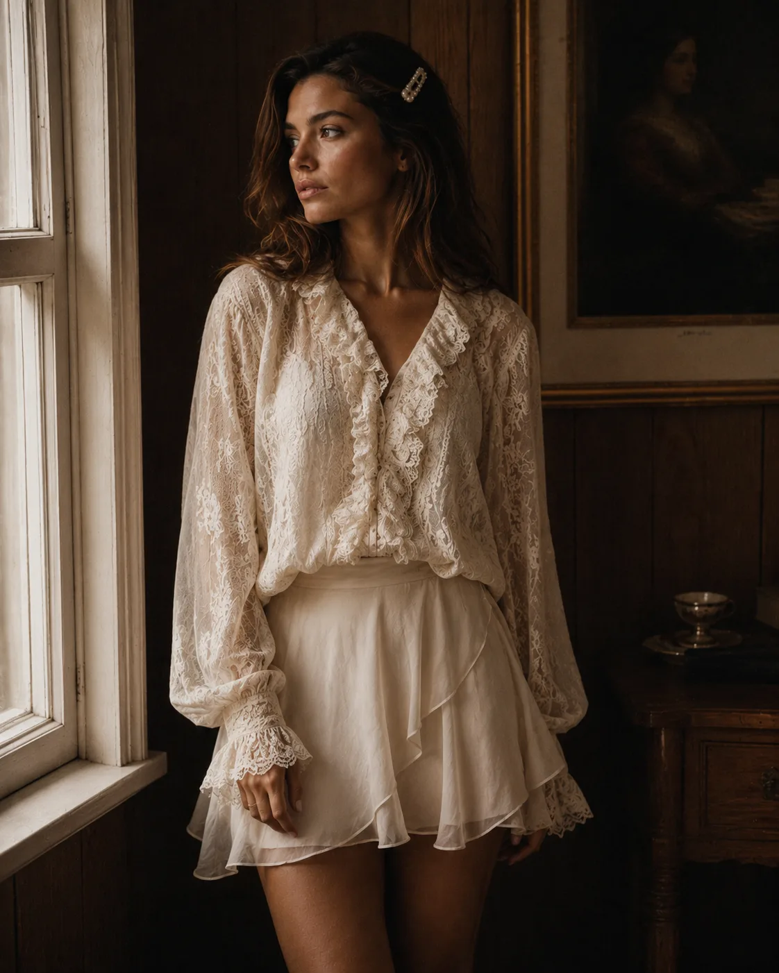 Coquette Core outfit with lace blouse and ribbon details