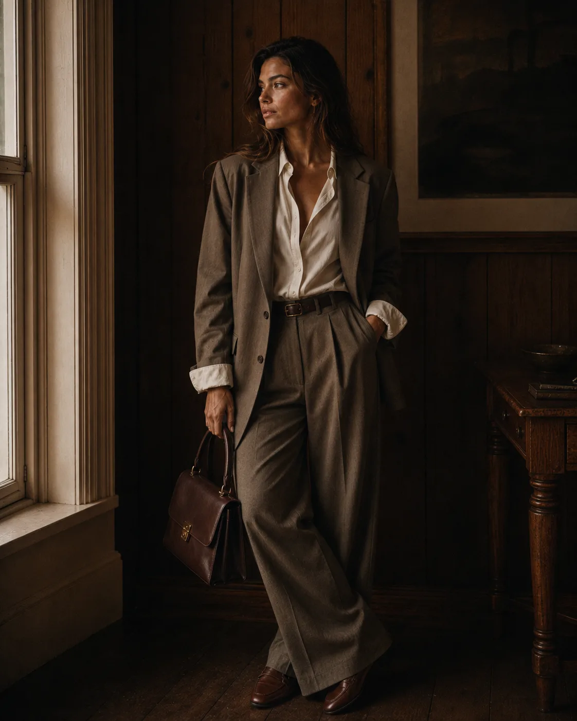 Corporate Core 2.0 outfit with oversized blazer, trousers, and loafers