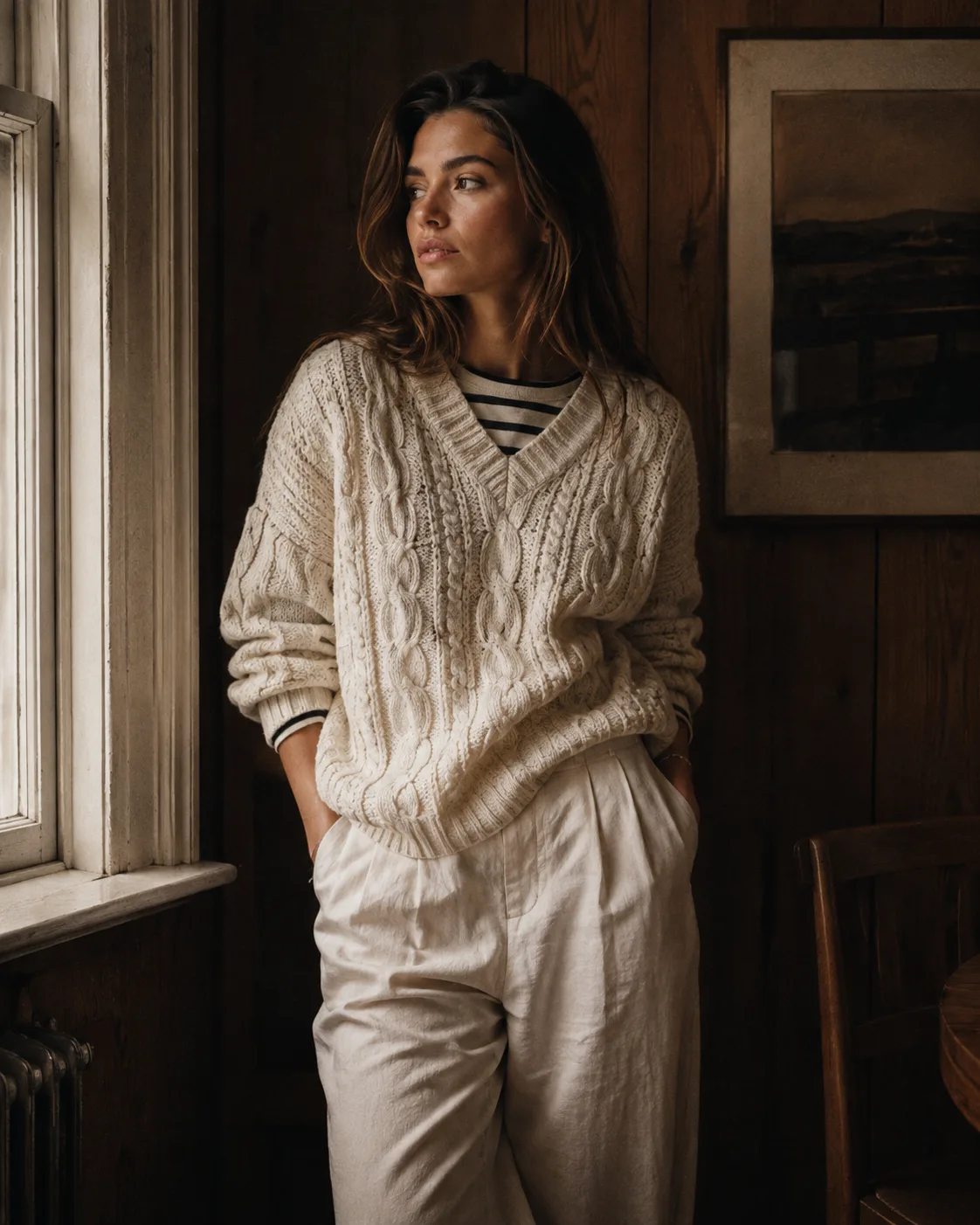 Fisherman Core outfit, a TikTok fashion aesthetic with striped Breton top and cable-knit sweater