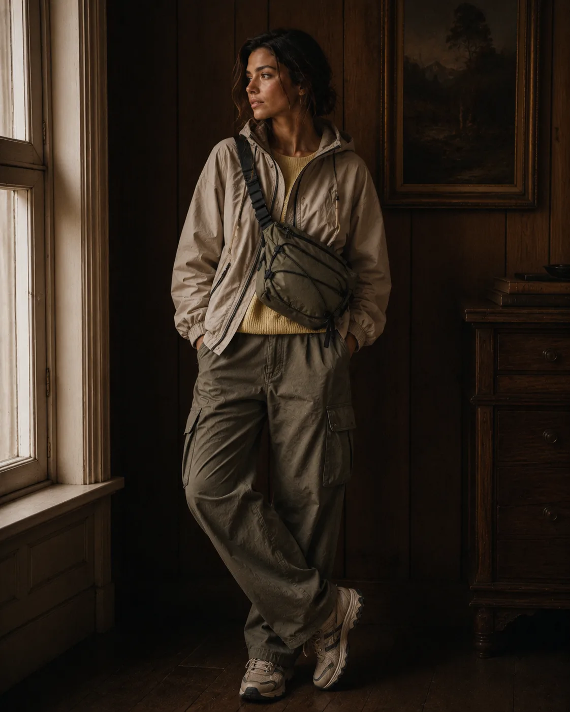 Gorpcore Lite outfit, a TikTok fashion aesthetic with butter yellow and matcha green accents