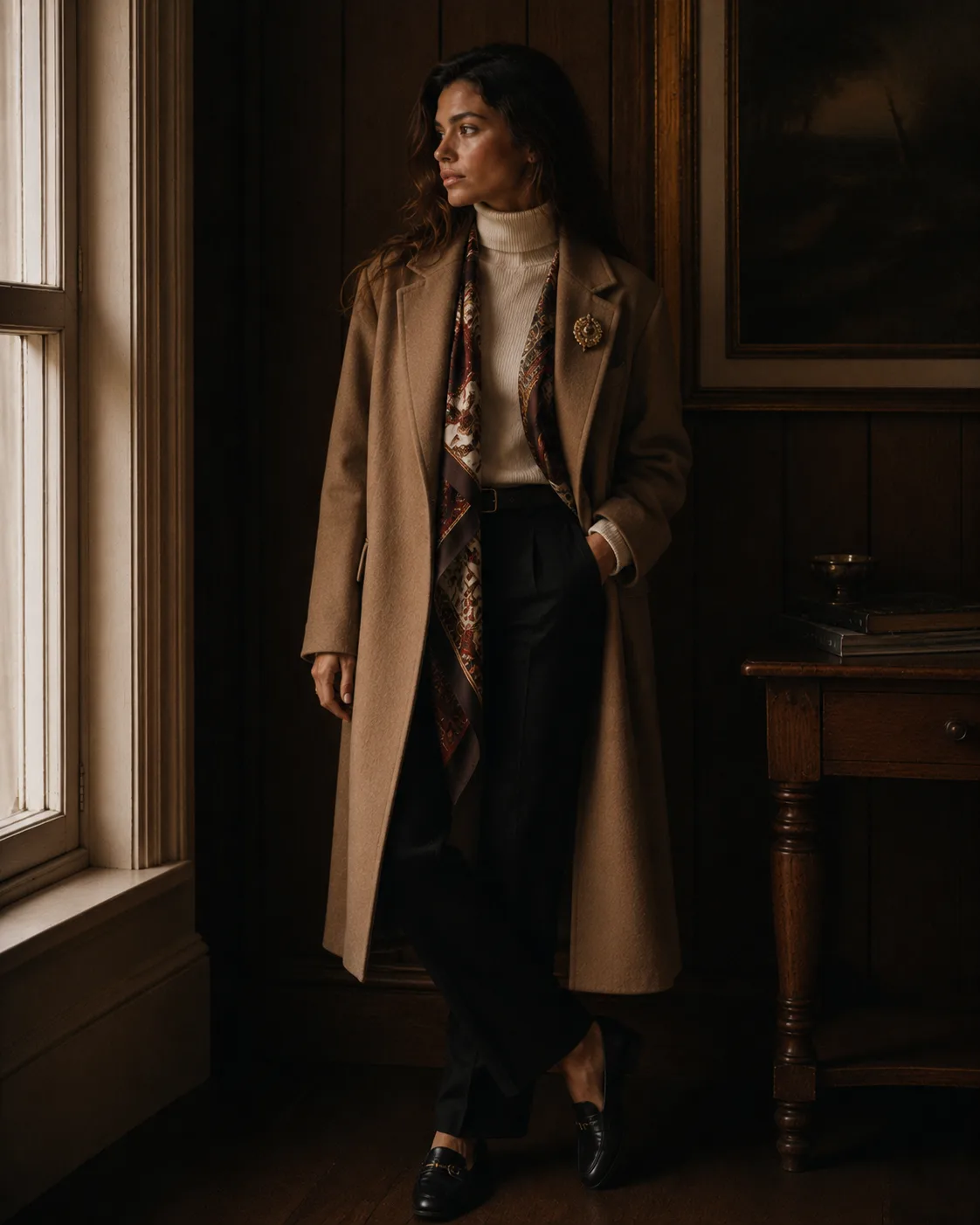 Quiet luxury outfit with camel coat, scarf, and brooch