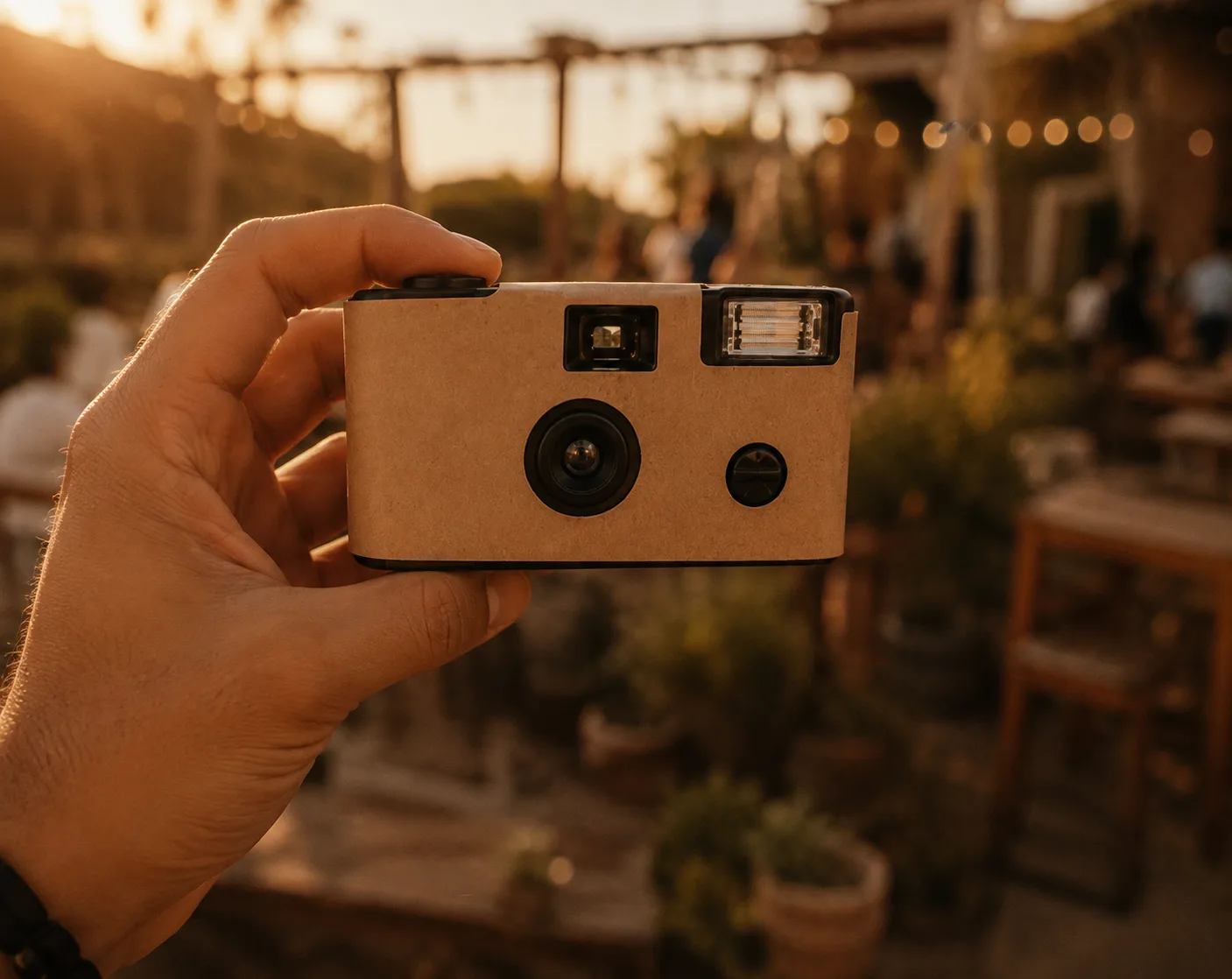 A hand holding a classic disposable film camera in warm golden-hour light