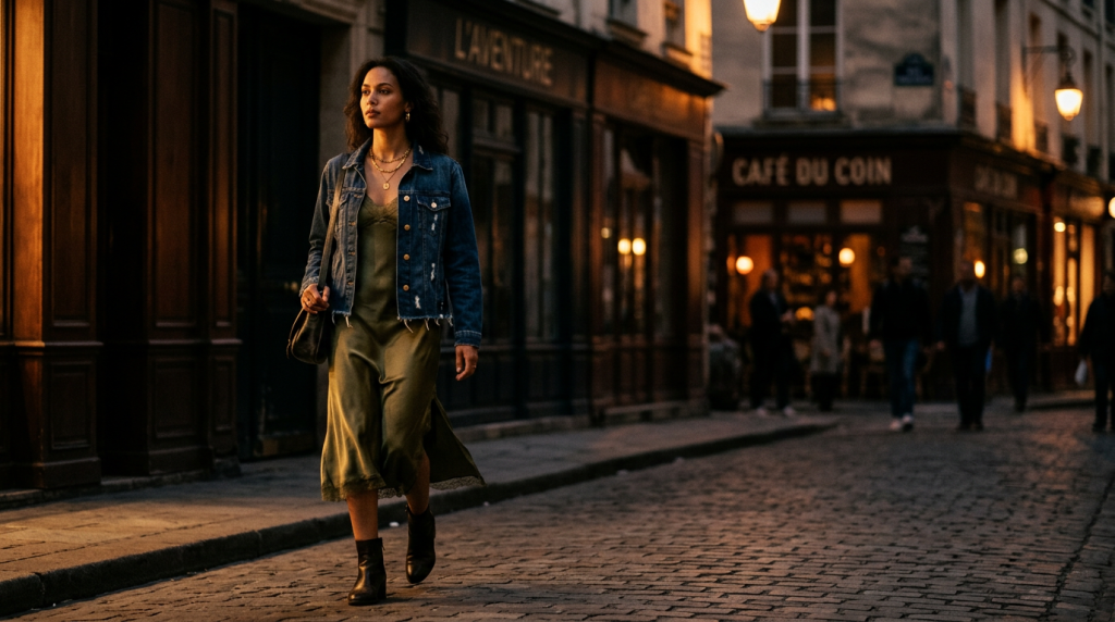 How to style a slip dress: a satin slip dress worn under an open denim jacket on a warm-lit evening street