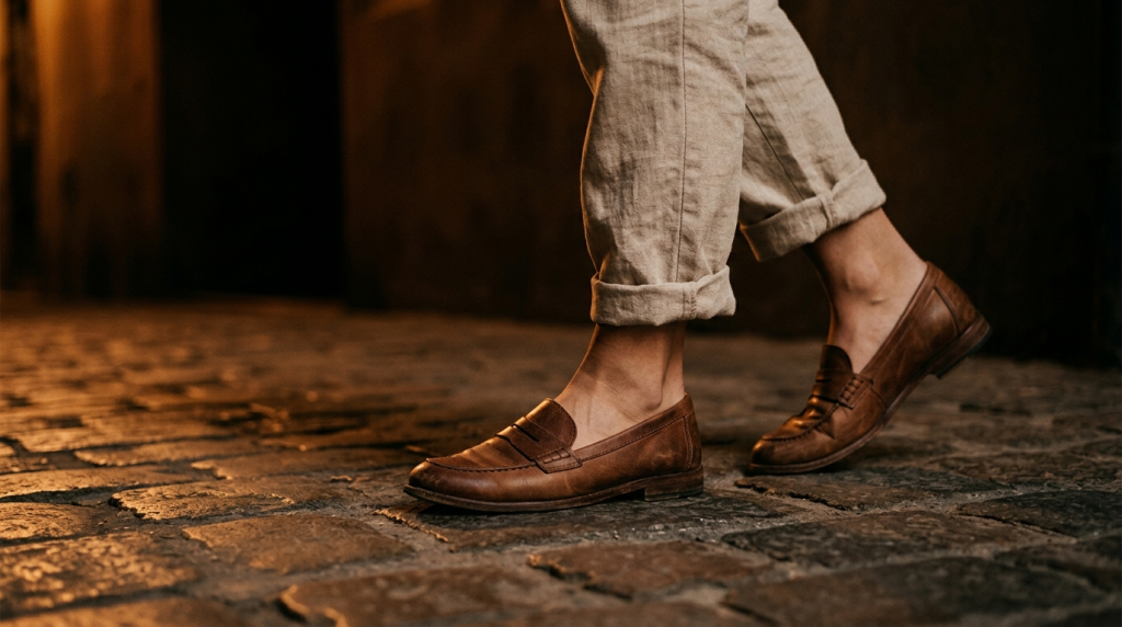 How to style leather loafers: rolled linen trousers worn with plain leather loafers and no visible socks on a sunlit stone street