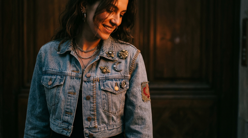 How to style embellished denim: a cropped denim jacket with brooches on the collar and visible contrast stitching along a seam